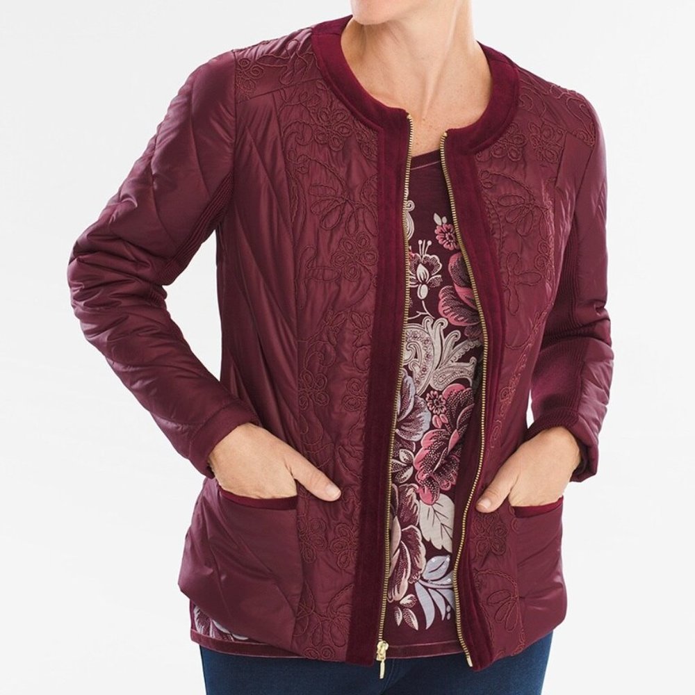 Chico's Zenergy Burgundy Petite Velvet-Trim Quilted Puffer Jacket, Sz 1